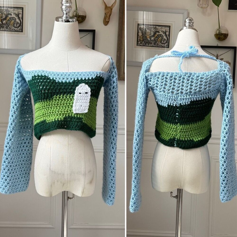Handmade Crochet Crop Top Ghost Autumn Fall Halloween OOAK XS